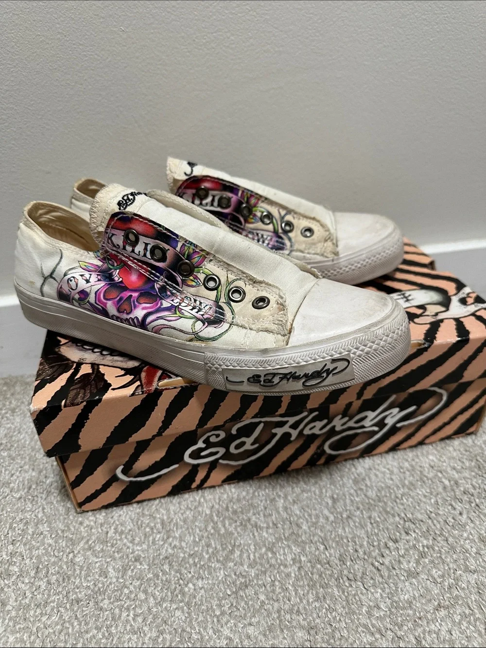 Ed Hardy White Slip-On Sneakers with Colorful Tattoo Art